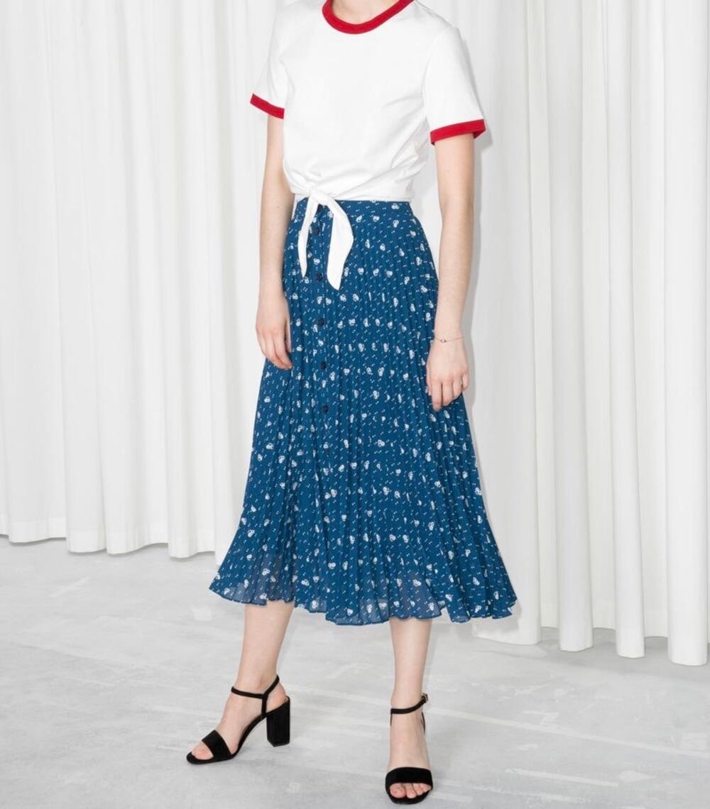 Paris Atelier & Other Stories Blue Floral Print Pleated Button Front Midi Skirt